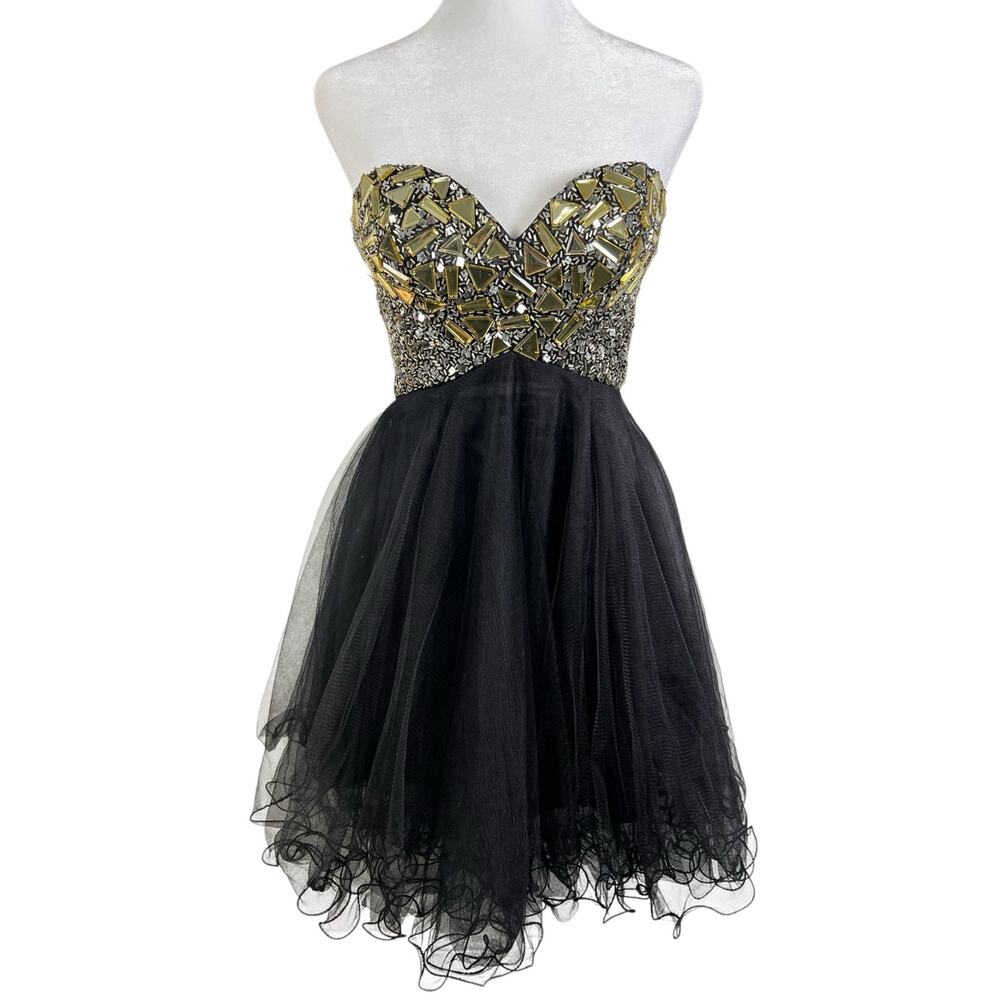 Night Moves Size XS Black Gold Mosaic Bodice Strapless Tulle Homecoming Dress